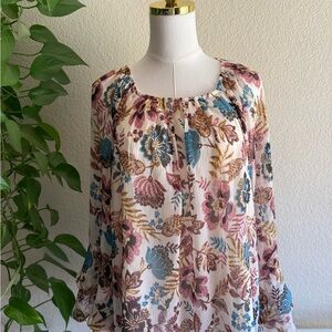 LOFT Ivory Floral Chiffon Blouse XL Scoop Neck Long Ruffle Sleeve Lined